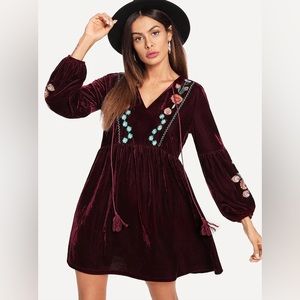 NWT Aox Women Lantern Sleeve Floral Embroidered Boho Red Velvet Mini Dress L